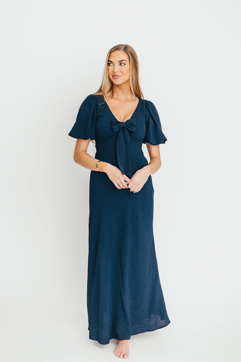 Selena Bow Front Maxi Dress in Navy