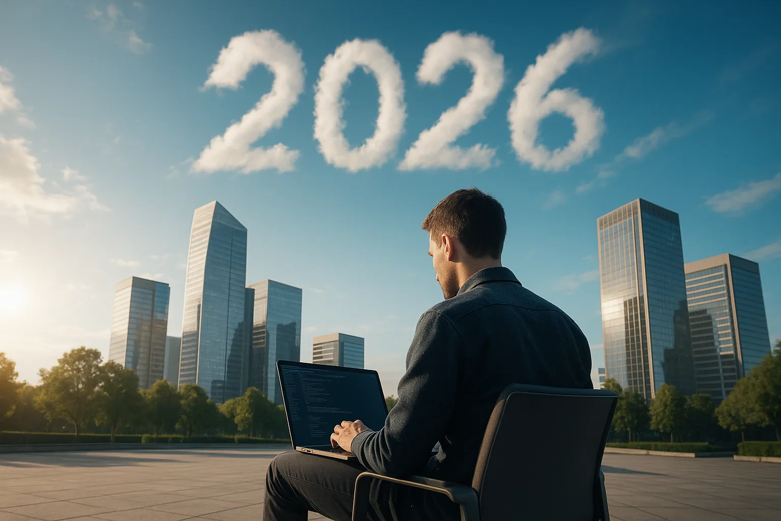 gefragte berufe in 2026 – Mann am Laptop im Freien mit futuristischer Stadtlandschaft und 2026 am Himmel
