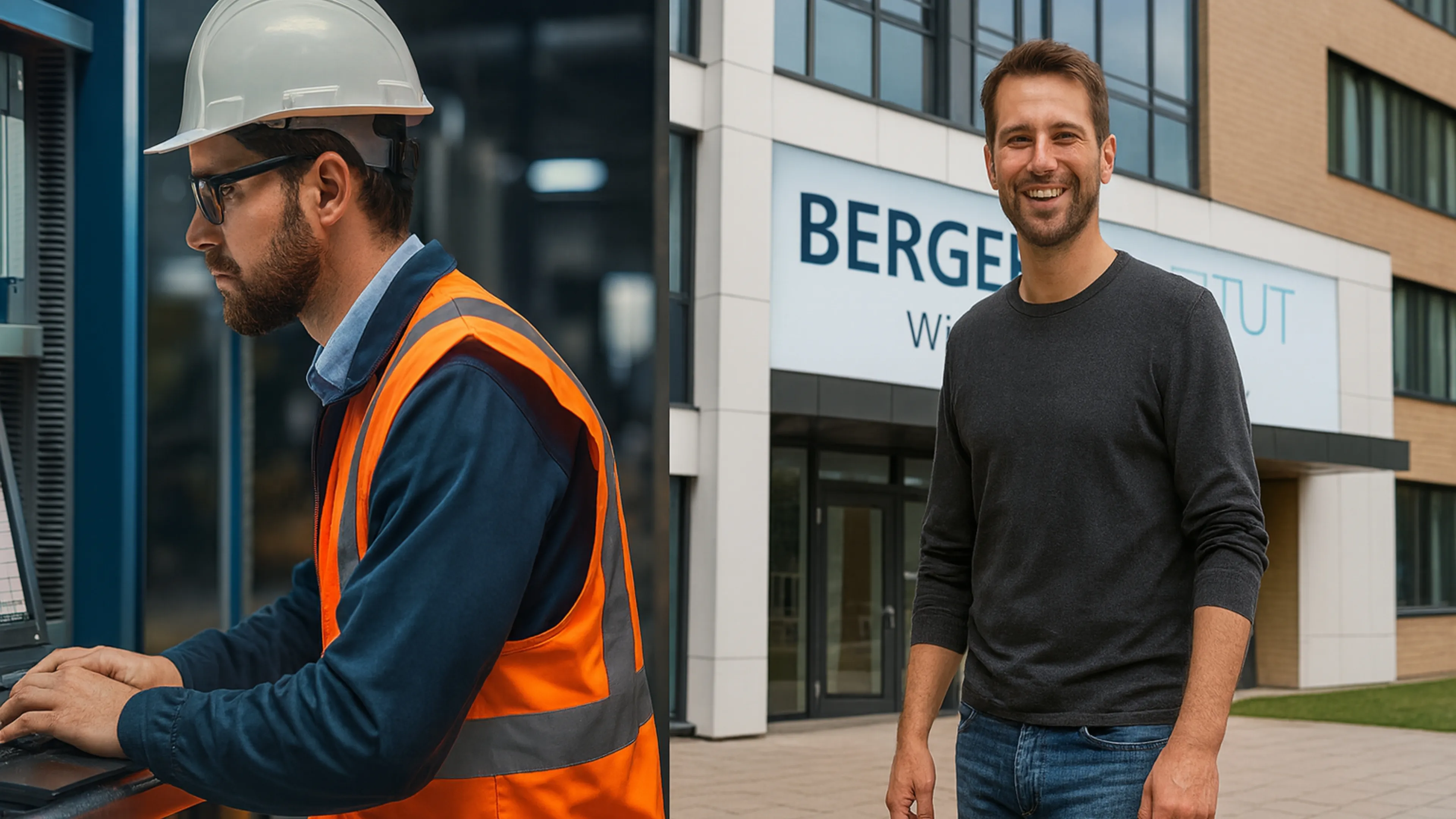 SPS-Programmierer im Einsatz und vor dem Berger Bildungsinstitut mit Logo – Weiterbildung, Praxis und Berufseinstieg