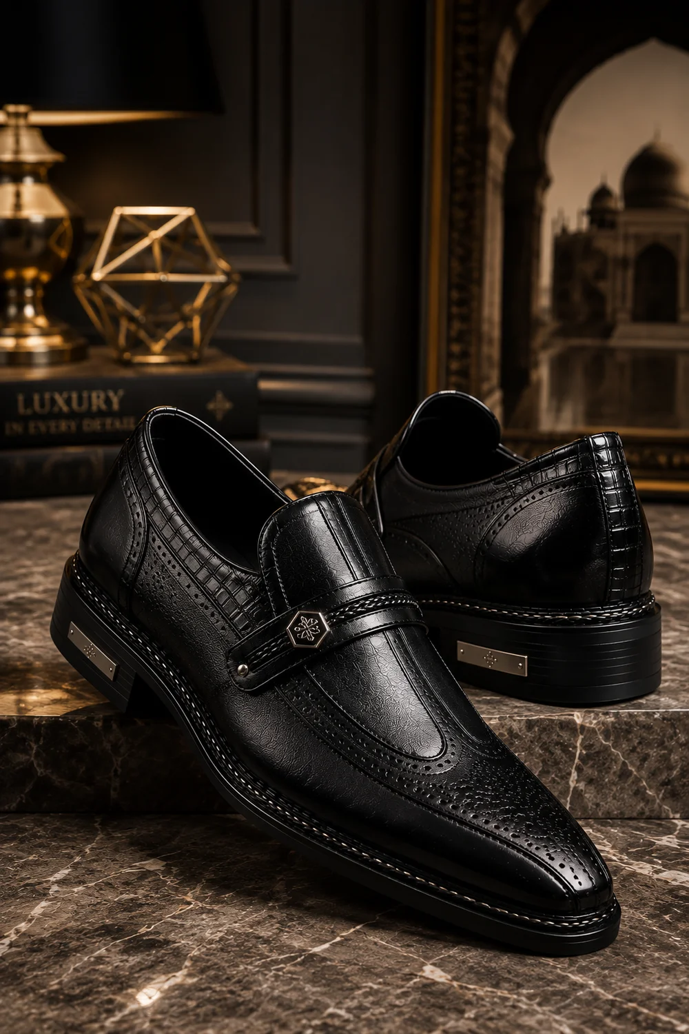 Black Textured Single Monk Strap Loafers — front view