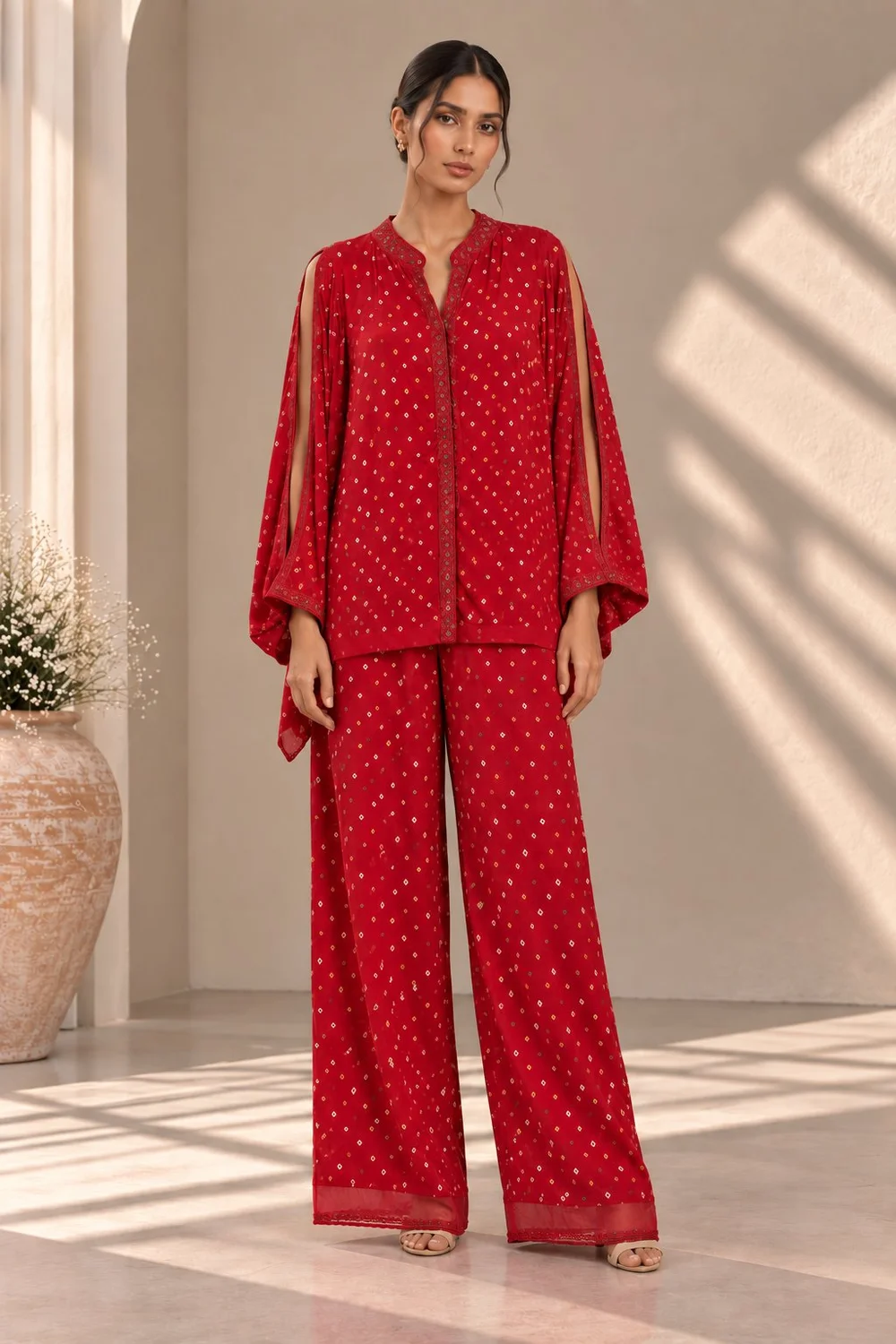 Crimson Red Printed Cape Kurta & Palazzo Set — front view