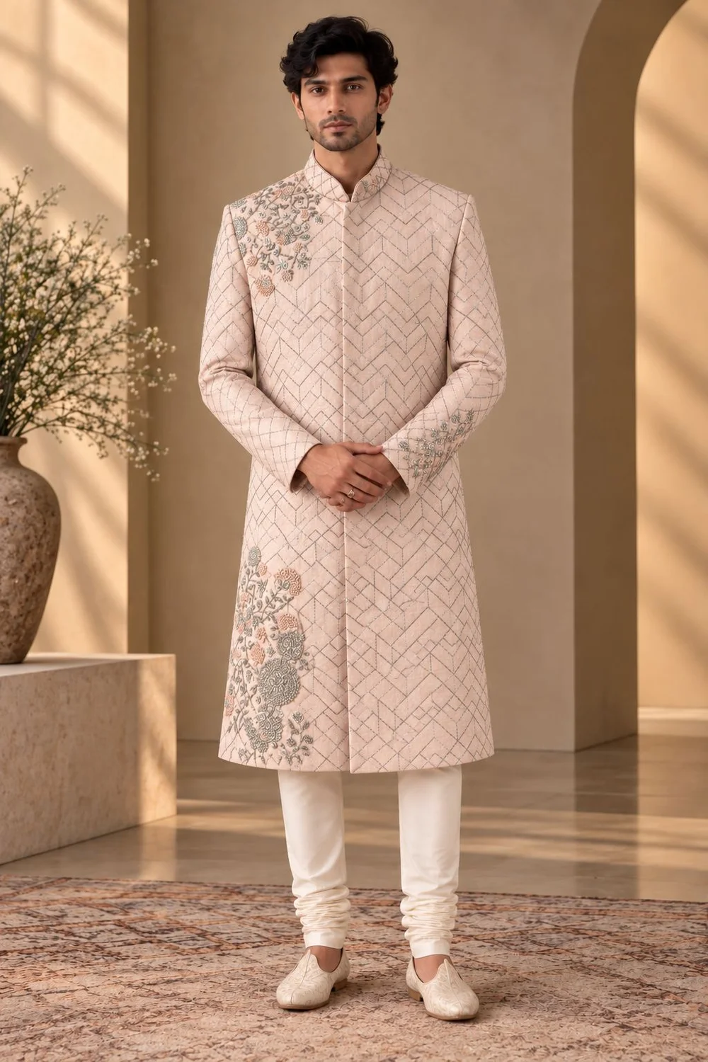 Powder Pink Chevron & Floral Motif Embroidered Sherwani — front view