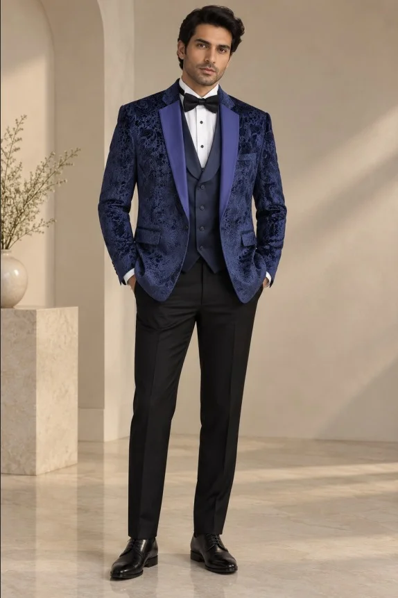 Royal Blue Textured Velvet Tuxedo Set — front view