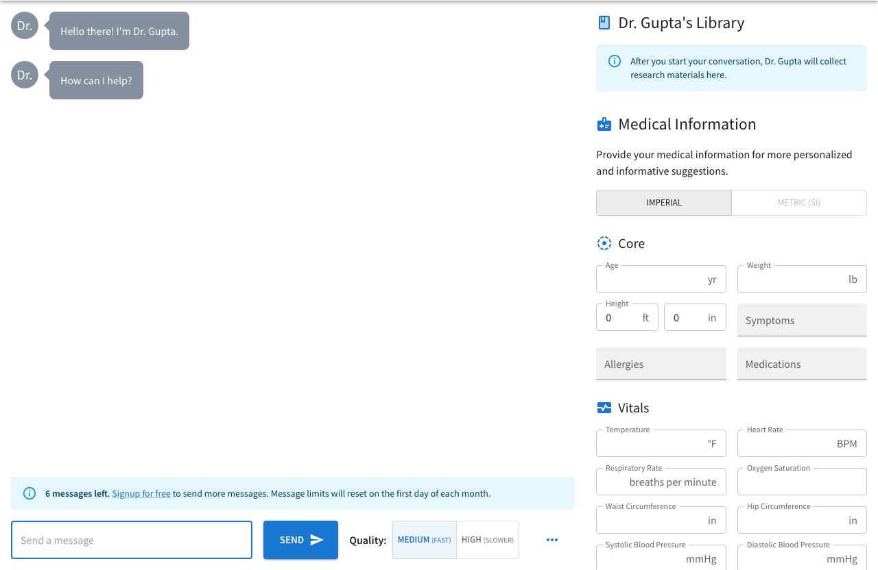 Screenshot of Dr. Gupta: AI Physician Chatbot