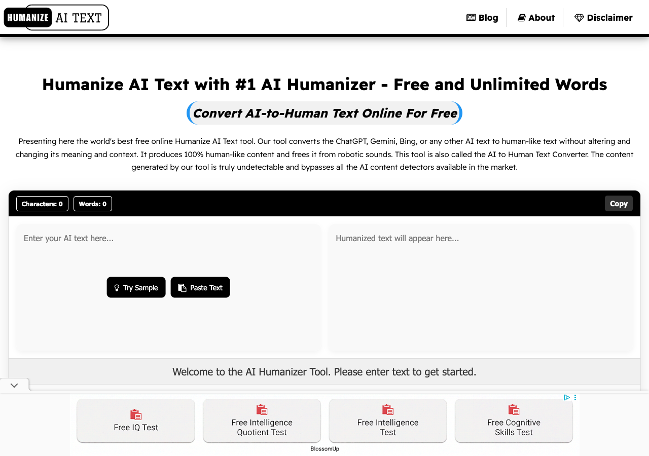 Screenshot of Humanize AI Text