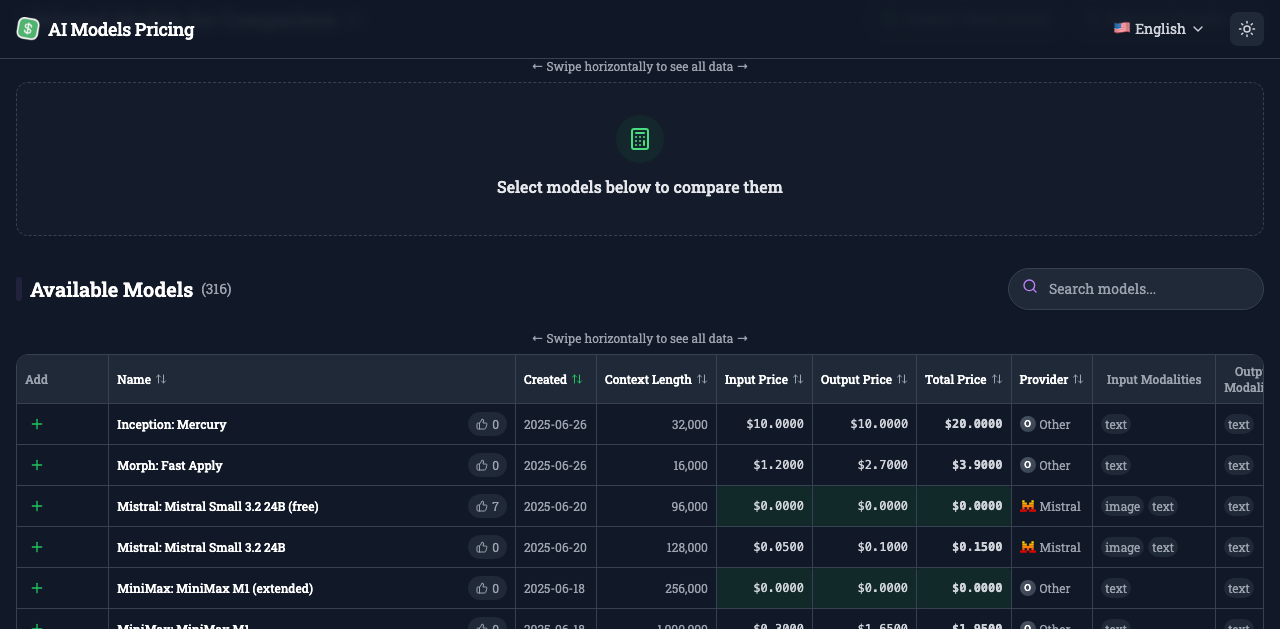 Screenshot of LLM Pricing