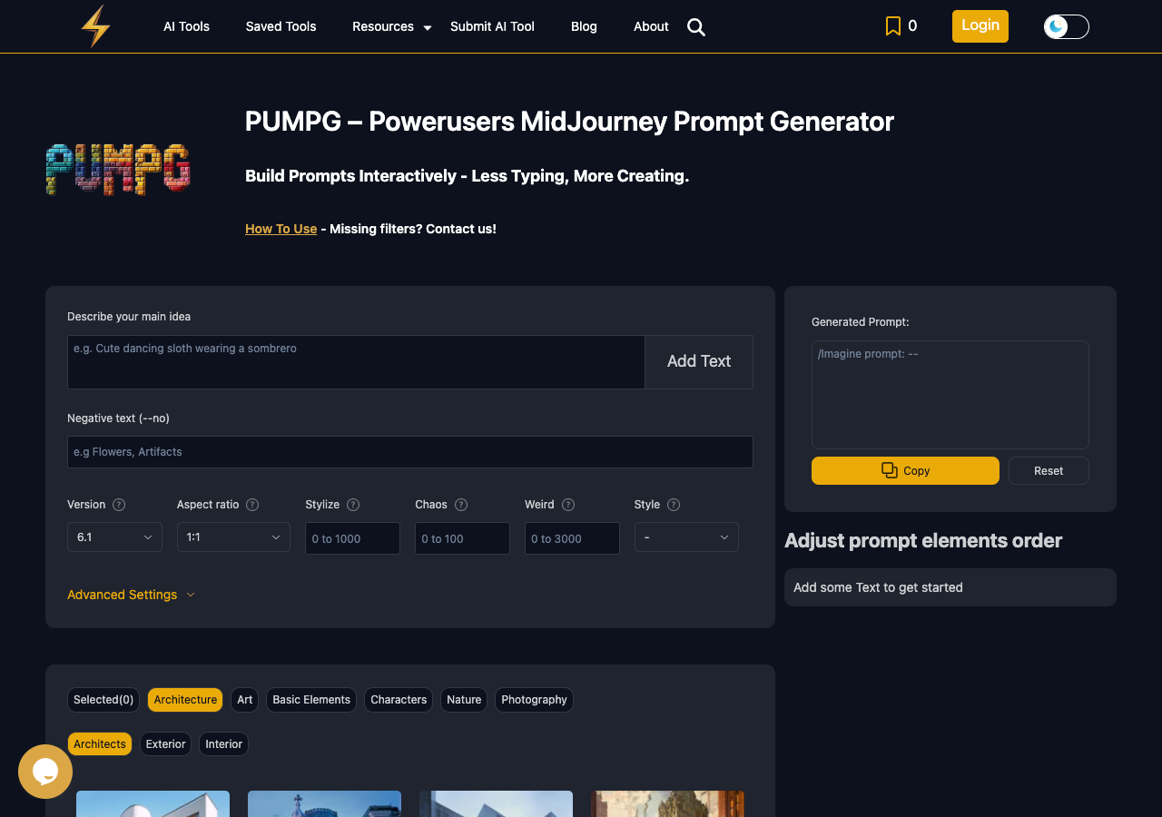 Screenshot of PUMPG - Powerusers MidJourney Prompt Generator