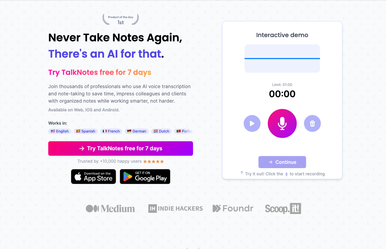 Talknotes main image - Transforming speech into text effortlessly