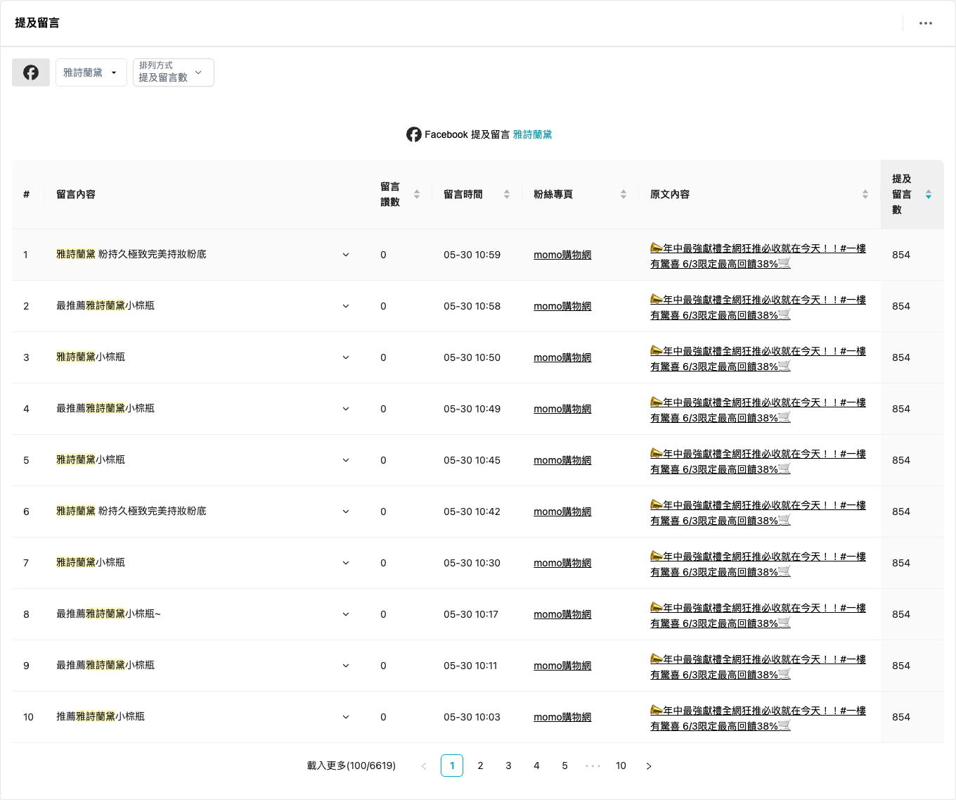 QSearch Trend+ 提及留言區塊，顯示「雅詩蘭黛」相關留言，區間 2026-05-11 至 2026-07-11