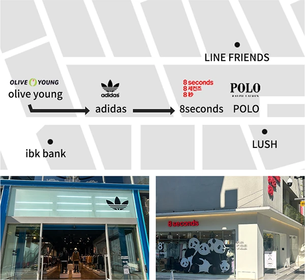 Map of the straight stretch along Garosu-gil past Adidas and 8Seconds - TheLINE Plastic Surgery