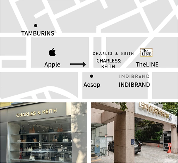 Map showing arrival at TheLINE Plastic Surgery after passing Charles & Keith and crossing the crosswalk - TheLINE Plastic Surgery