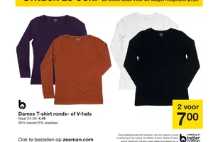 Dames T-shirt ronde- of V-hals 2 voor €7,00 aanbieding