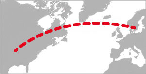 Illustration: Weltkarte mit eingezeichneter Strecke zur Verbreitung von Boxspringbetten