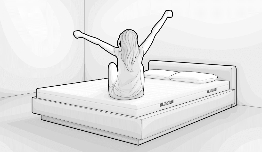 Illustration: Eine Person streckt sich in sitzender Position und von hinten gezeigt auf einem Bett.