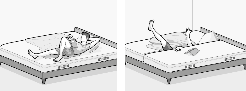 Illustration: Links ein Bett mit durchgehender Matratze 180x200, auf dem entspannt eine Person liegt. Rechts ein Bett mit zwei Einzelmatratzen 90x200 - die Person ist in die Lücke zwischen die Matratzen gefallen. Nur noch ein Arm und ein Bein schauen heraus.