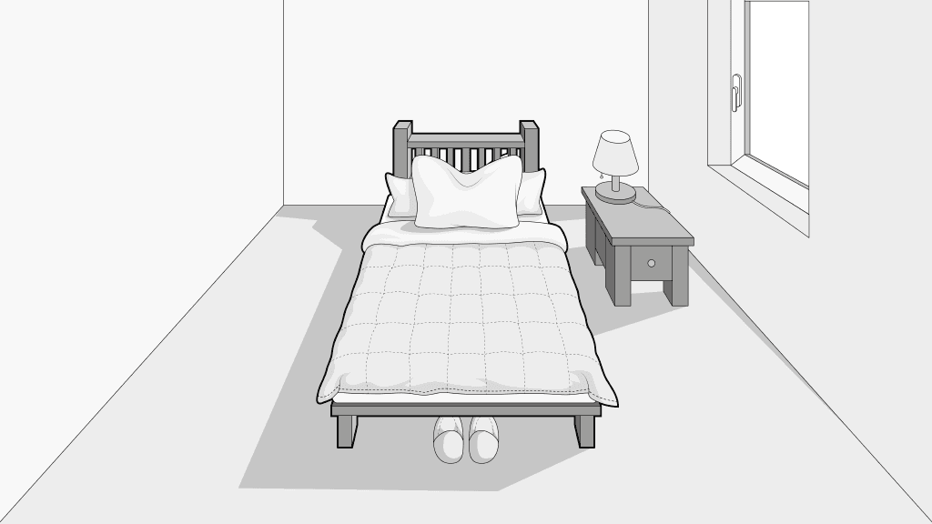 Illustration: Ein kleines Schlafzimmer mit einem Einzelbett und Matratze 90x200 - unter dem Bett stehen Panteffeln, daneben ein Nachttisch mit Lampe.