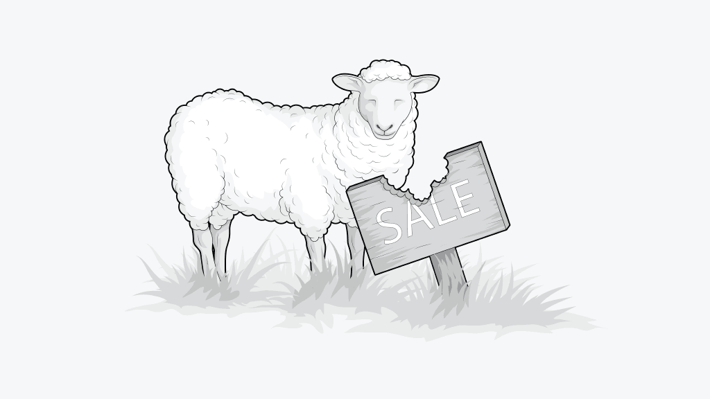 Illustration Ein Schaf steht hinter einem Holzschild mit der Aufschrift SALE. Es hat ein großes Stück aus dem Schild gebissen.