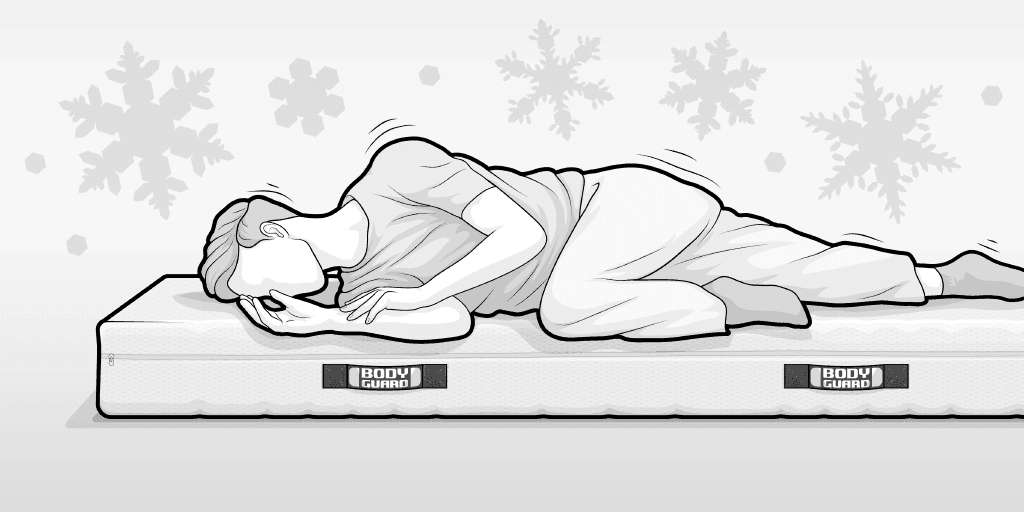 Illustration: ein Mensch auf einer BODYGUARD Matratze aus Kaltschaum. Schneeflocken im Hintergrund symbolisieren, die Neigung zum frieren.