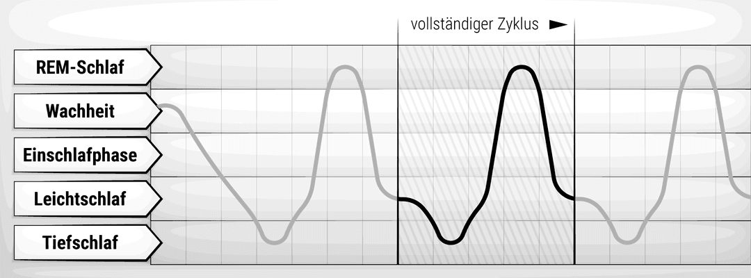 Schematische Darstellung des Schlafphasen-Zyklus: zeigt die Abfolge der Schlafphasen in der Reihenfolge Einschlafphase, Leichtschlafphase, Tiefschlaf-Phase, Leichtschlafphase, REM-Schlaf, Leichtschlafphase 