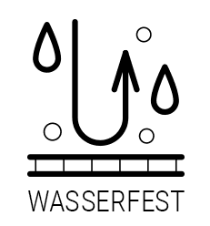 Illustration: Ein Symbol mit Tropfen, die auf eine Oberfläche fallen und von der ein Pfeil abprallt, symbolisiert wasserfest.