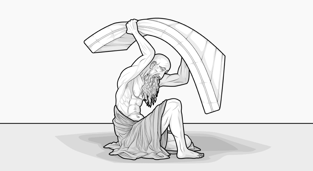 Illustration: Ein bärtiger, alter, aber muskulöser Mann in einer Toga sitzt, die Beine angewinkelt auf dem Boden und hebt eine schwere Matratze aus Latex über sich.