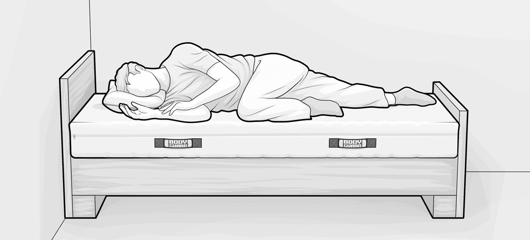 Illustration: Eine Person liegt in einem Bett in Seitenlage auf der BODYGUARD Matratze.