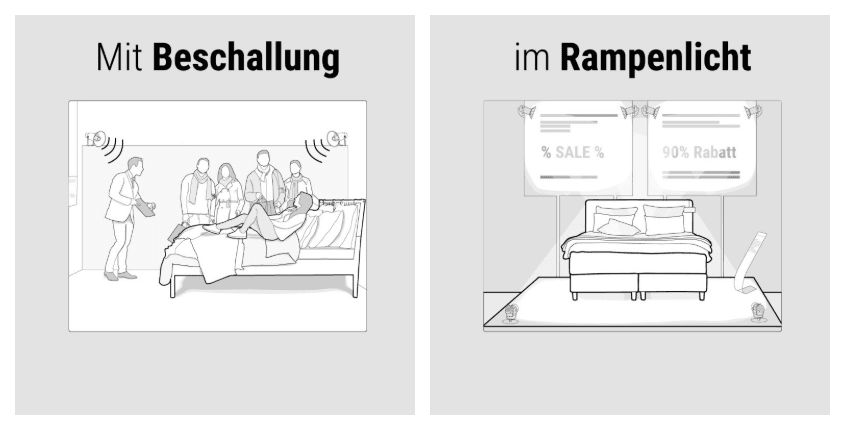 Illustration: Zwei Bilder, die Probeliegen im Geschäft darstellen. Links steht eine Gruppe Menschen um ein Bett herum, in dem jemand liegt, darüber steht: Mit Beschallung. Rechts ein Doppelbett auf einem Podest mit großen Sale-Schildern und grell beleuchtet, darüber steht: im Rampenlicht.