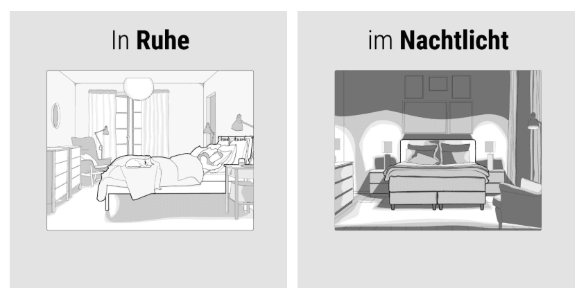 Zwei Illustrationen: Links liegt eine Person gemütlich im heimischen Bett, darüber steht „In Ruhe“. Rechts ein Blick in ein gemütlich beleuchtetes Schlafzimmer, darüber steht „im Nachtlicht“.