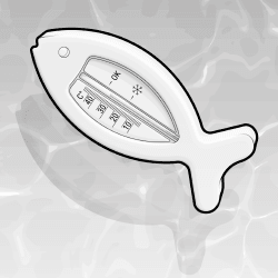 Illustration: Ein Badethermometer in Form eines Fisches schwimmt im Wasser.