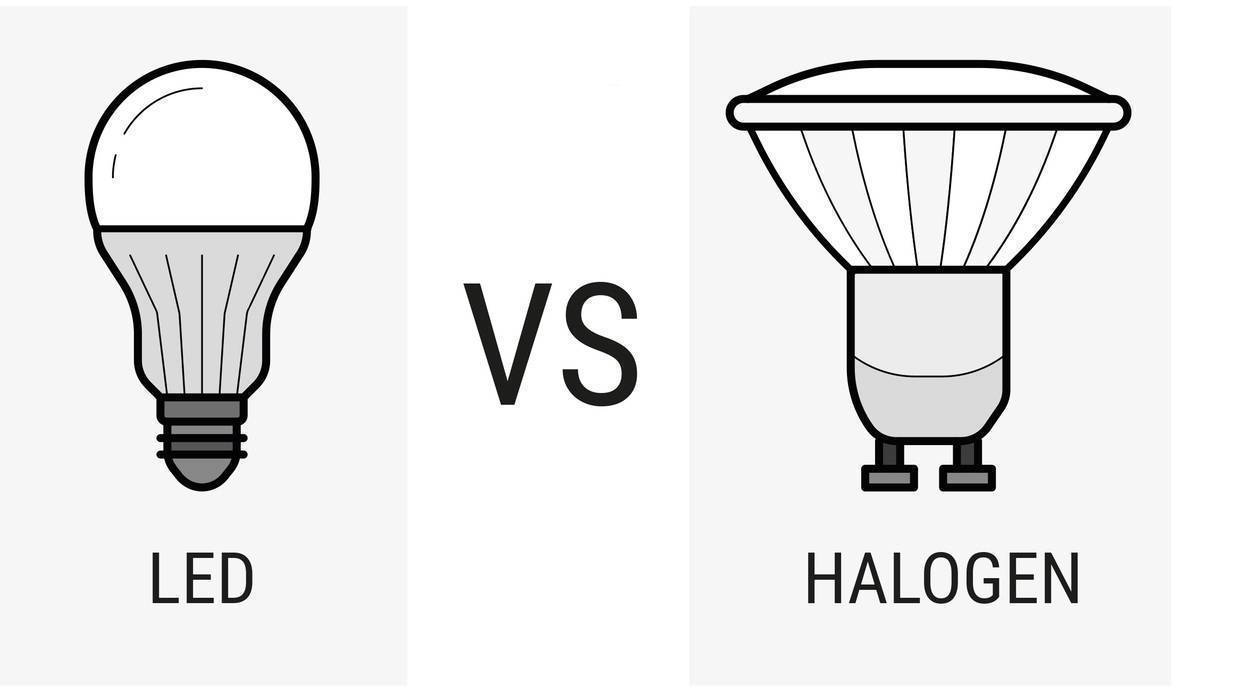 Illustration: Gegenüberstellung einer LED-Birne und einer Halogenleuchte.