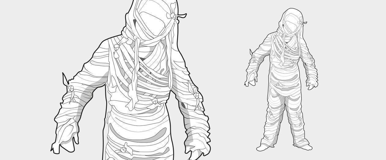 Illustration des Mumienkostüm aus Bettlaken: links Fokus auf Übergänge der Wicklung zu den Armen und Knotentechnik im Gesichtsbereich, rechts das komplette Kostüm