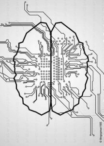 Illustration: Die Umrisse eines Gehirns. Darüber ist ein Schaltplan mit Platinen und vielen elektronischen Leitungen gezeichnet.