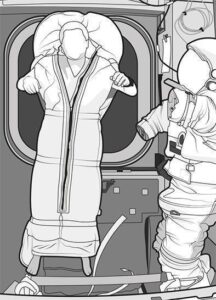Illustration: Ein Astronaut auf einer Raumstation in einem Schlafsack. Daneben steht ein leerer Raumanzug.