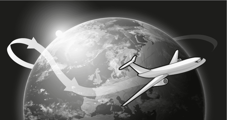 Illustration Jetstream: Ein Flugzeug vor einer Weltkugel. Die Flugbahn einmal um die Erde ist symbolisiert durch einen langen Pfeil.