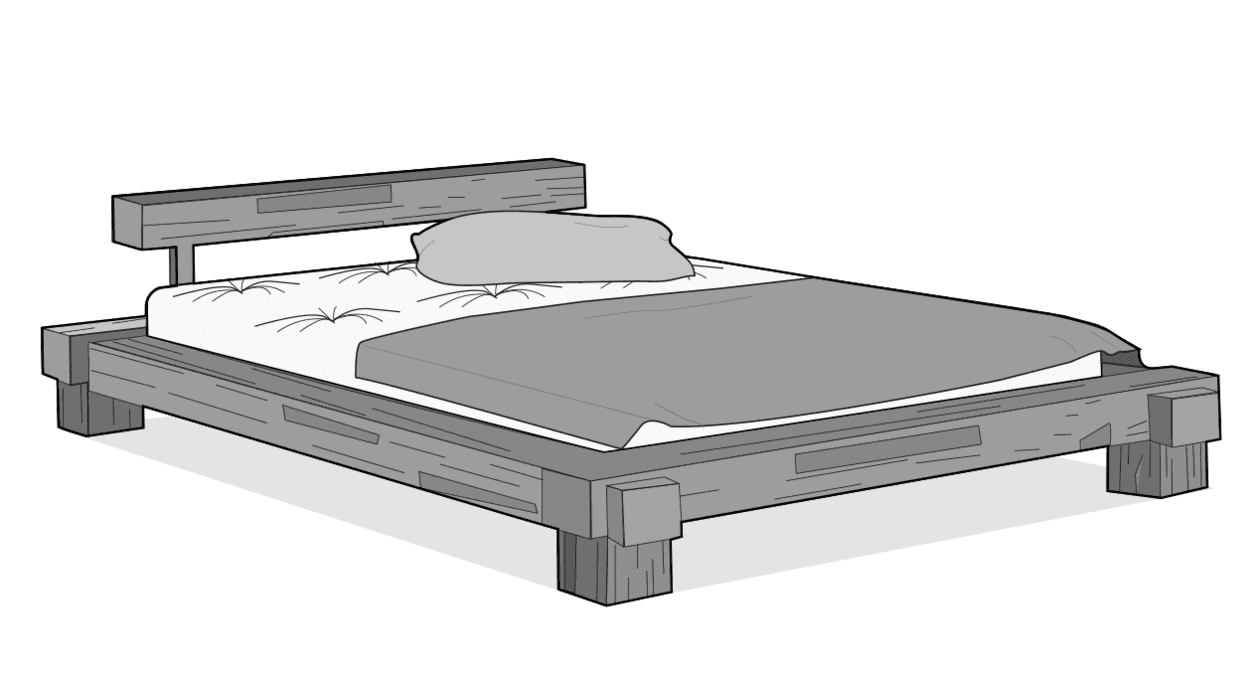 Illustration: Ein Futon auf einem niedrigen Holzbett