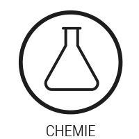 Illustration: Symboldarstellung für Chemie. In einem Kreis ist ein Erlenmeyerkolben abgebildet.