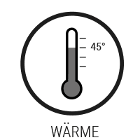 Illustration: Symboldarstellung für Wärme. In einem Kreis ist ein Thermometer abgebildet. Es zeigt eine Temperatur von 45 Grad an.