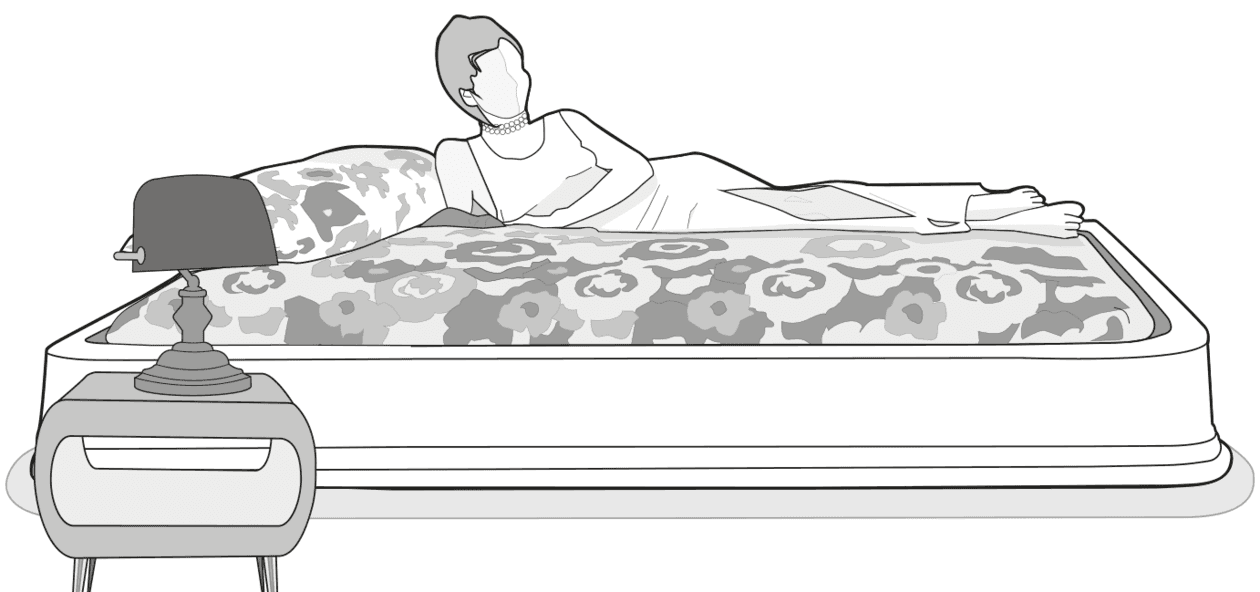 Illustration: Eine mondän gekleidete Dame liegt auf einem Wasserbett. Davor steht ein Nachttisch.