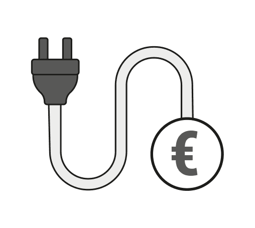 Illustration: Symbol für Stromkosten: Ein Stecker mit Kabel an dessen Ende ein Euro-Zeichen hängt.