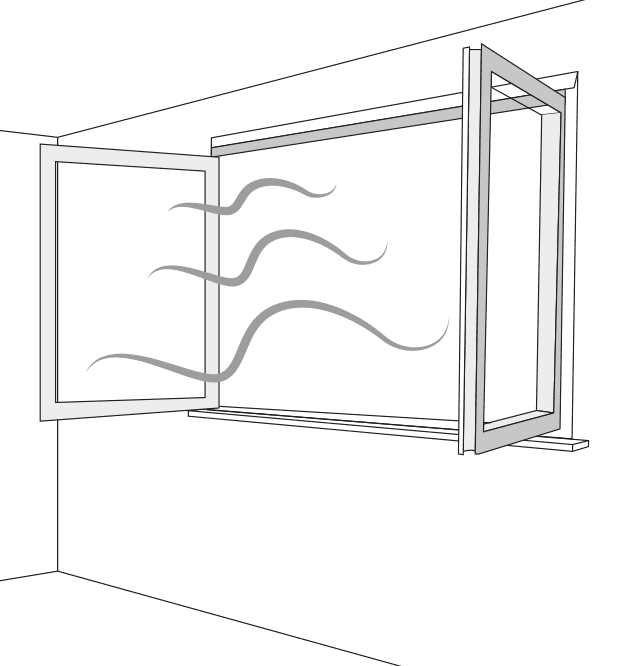 Illustration: Ein weit geöffentes Fenster. Wellen symbolisieren die Luftbewegung durch das offene Fenster. 