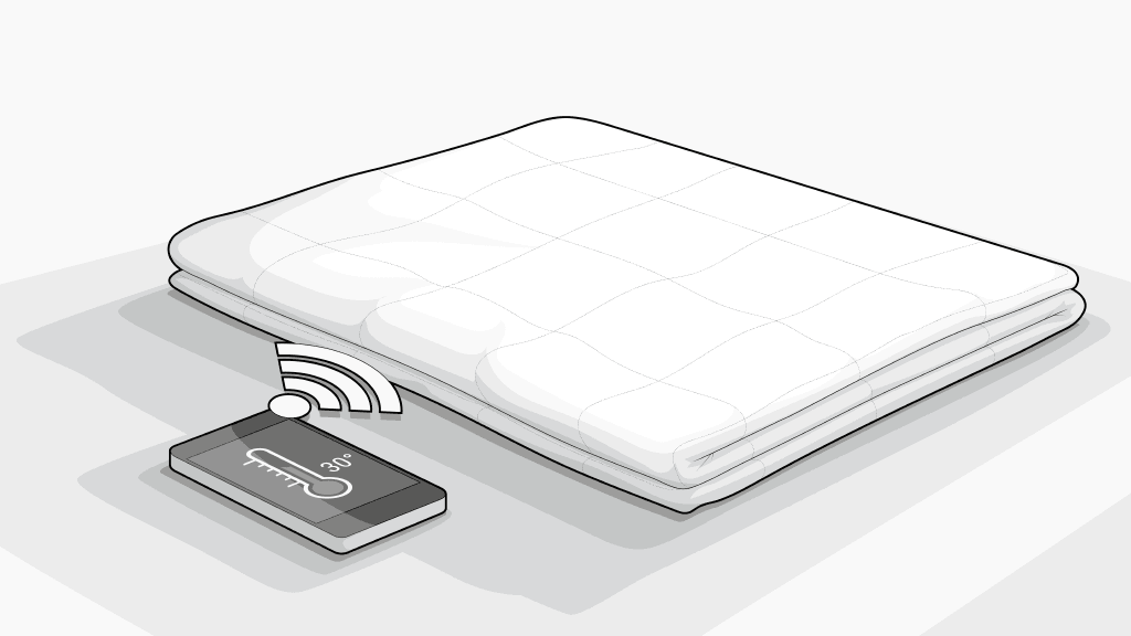 Illustration: Gefalltete Heizdecke, daneben ein Smartphone mit WLAN-Zeichen. Auf dem Display wird die Temperatur 30 °C angezeigt.