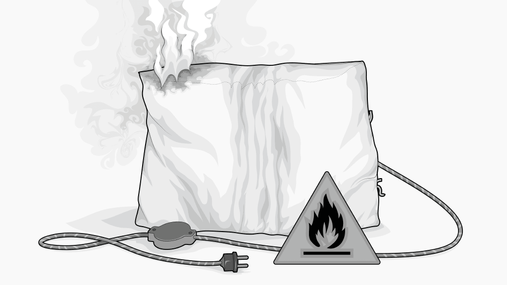 Illustration: Eine brennende und qualmende Heizdecke. Davor ein Warnschild, das Feuergefahr symbolisiert.