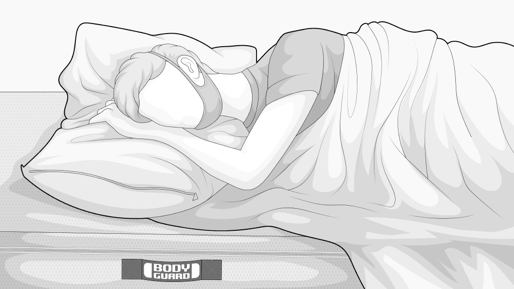 Illustration: Eine Person liegt im Bett. Sie trägt ein Schnarchband um den Kopf.