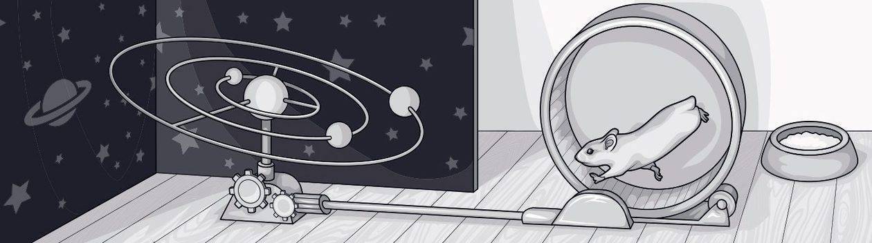 Illustration: Ein Hamsterrad treibt einen Projektor an, der Sterne an eine Wand projiziert.