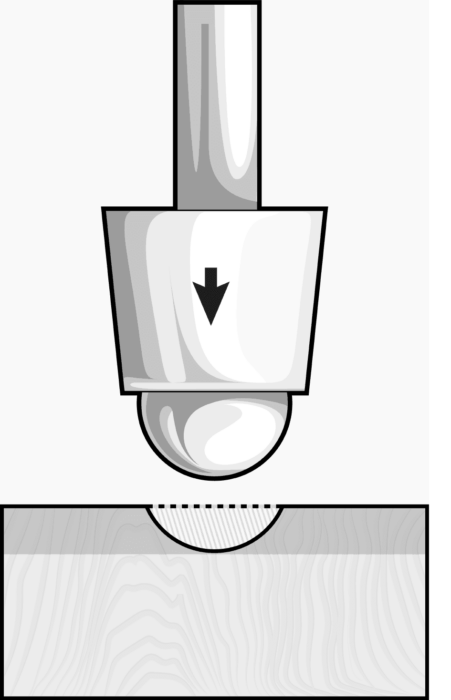 Illustration: Prüfkopf mit Metallkugel an der Spitze schwebt über einem Stück Buchenholz.