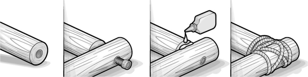 Illustration: Vier Bilder zeigen einen Arbeitsablauf, wie eine Holzstange, die mit einer anderen Holzstange im rechten Winkel verschraubt, verklebt und mit Schnur verstärkt wird.