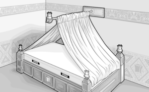 Illustration: Ein Bett in einem Zimmer. An der Wand ist horizontal eine Stange befestigt, die über das Bett ragt und über die ein Betthimmel gespannt ist.