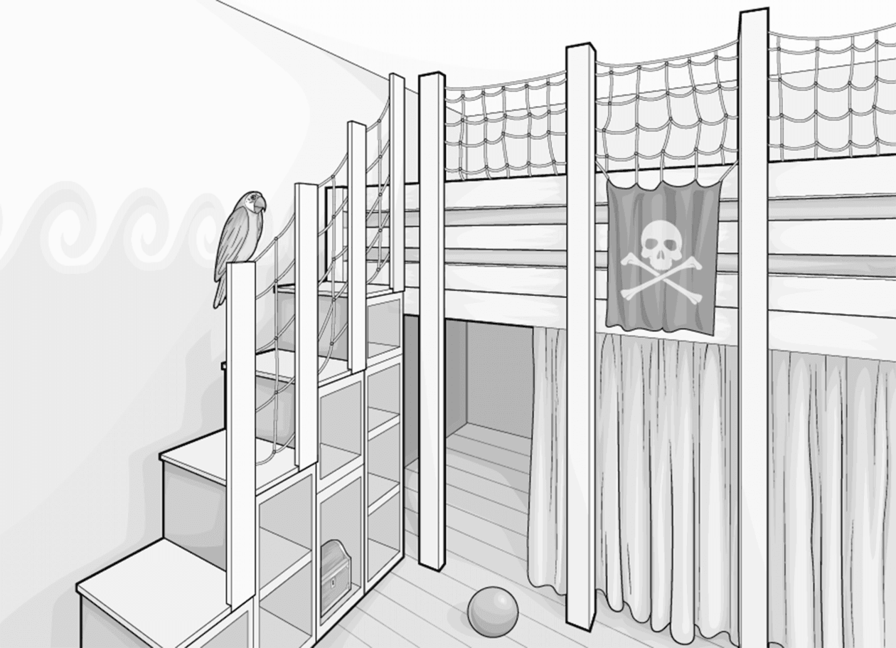 Illustration: ein selbstgebautes Hochbett mit Straumtreppe, deren Geländer im Stil einer Reling gestaltet ist. Die Brüstung ist erhöht und mit Fischernetzen bespannt. Als Deko ergänzen Totenkopfflagge und Papagei das Piraten-Thema