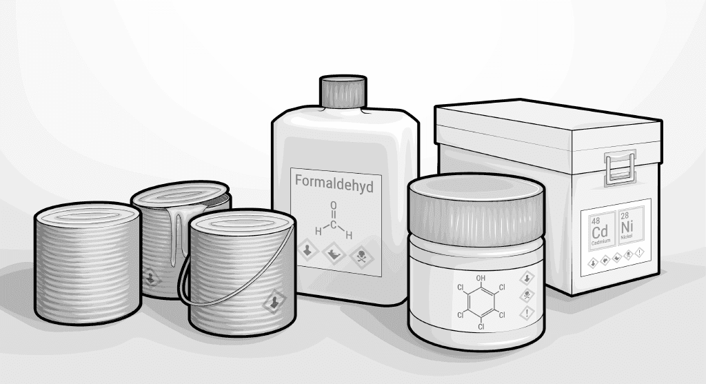 Illustration: Dosen und andere Behälter mit chemischen Formeln darauf.