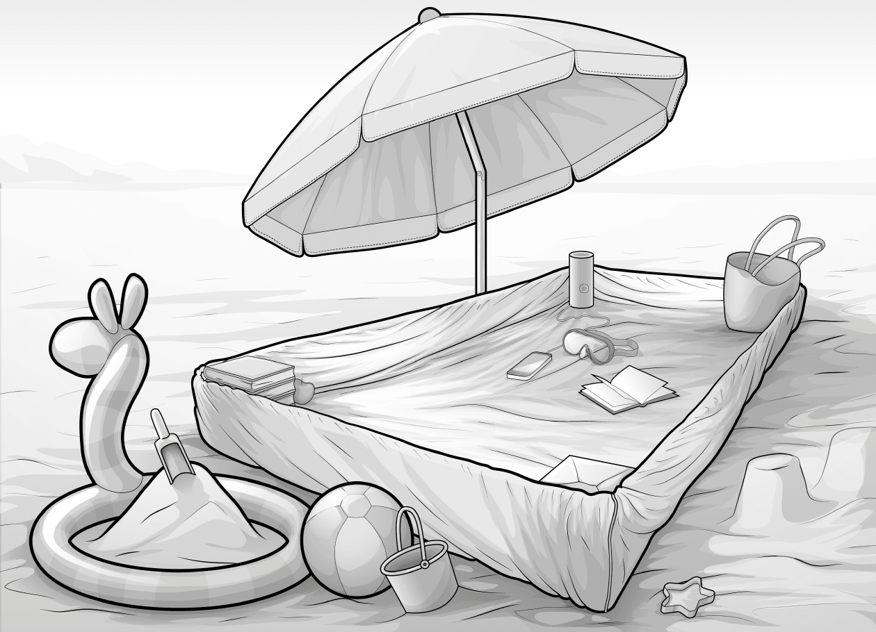 Illustration: Am Sandstrand liegt ein Spannbettlaken als Stranddecke mit aufgestellten Seiten. In jeder Ecke des Lakens befindet sich ein stabiler Gegenstand, der den Rand des Spannbettlakens straff aufstellt. Auf der alternativen Stranddecke mit Windschutz liegt eine Taucherbrille, ein Buch und ein Smartphone. Daneben steckt ein Sonnenschirm im Boden und es liegen Schwimmring, Ball, Schaufel und Eimer im Sand.